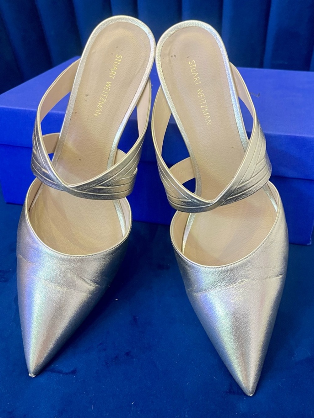 Stuart Weitzman Gold Iridescent Pointed-Toe Strappy Mule Stilettos - Picture 3 of 9